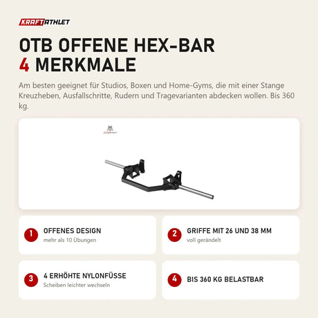 Titanium Strength OTB Offene Hex-Bar mit 4 Merkmalen: Offenes Design, Griffe mit 26 und 38 mm, 4 erhöhte Nylonfüße, Bis 360 kg belastbar