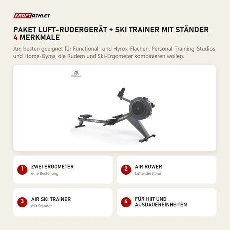 Titanium Strength Paket Luft-Rudergerät + Ski Trainer mit Ständer mit 4 Merkmalen: Zwei Ergometer, Air Rower, Air Ski Trainer, Für HIIT und Ausdauereinheiten