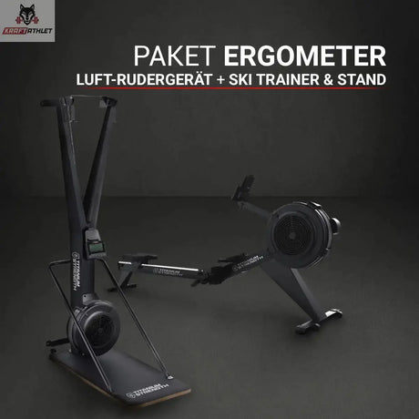 Titanium Strength Paket Luft-Rudergerät + Ski Trainer mit Ständer, Titelbild mit beiden Geräten vor dunklem Hintergrund