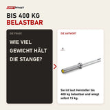 Frage und Antwort zu Titanium Strength Power 2,01 m Olympische Hantelstange Hard Chrome: Wie viel Gewicht hält die Stange?