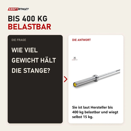 Frage und Antwort zu Titanium Strength Power 2,01 m Olympische Hantelstange Hard Chrome: Wie viel Gewicht hält die Stange?