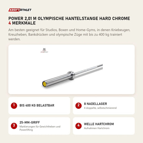 Titanium Strength Power 2,01 m Olympische Hantelstange Hard Chrome mit 4 Merkmalen: Bis 400 kg belastbar, 8 Nadellager, 25-mm-Griff, Welle Hartchrom