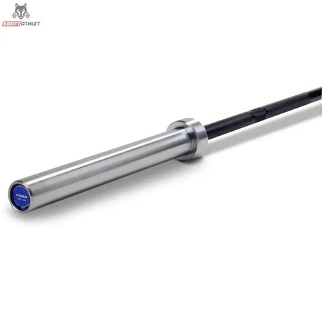 Titanium Strength Power 2,20 m Olympische Hantelstange Schwarzes Zink, Detail der Hülse mit blauer Endkappe