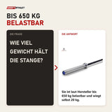 Frage und Antwort zu Titanium Strength Power 2,20 m Olympische Hantelstange Schwarzes Zink: Wie viel Gewicht hält die Stange?