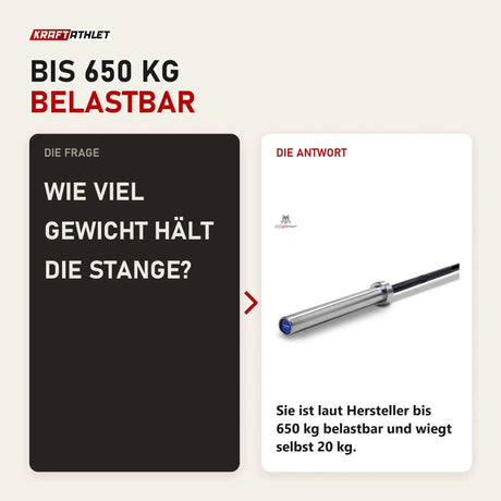 Frage und Antwort zu Titanium Strength Power 2,20 m Olympische Hantelstange Schwarzes Zink: Wie viel Gewicht hält die Stange?