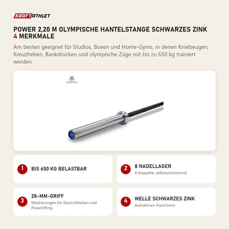 Titanium Strength Power 2,20 m Olympische Hantelstange Schwarzes Zink mit 4 Merkmalen: Bis 650 kg belastbar, 8 Nadellager, 28-mm-Griff, Welle schwarzes Zink