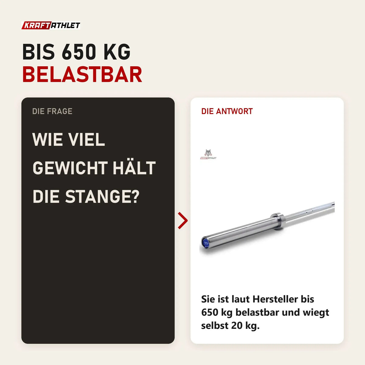 Frage und Antwort zu Titanium Strength Power Bar 220 cm Olympische Hantelstange Hard Chrome: Wie viel Gewicht hält die Stange?