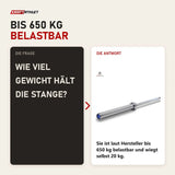 Frage und Antwort zu Titanium Strength Power Bar 220 cm Olympische Hantelstange Hard Chrome: Wie viel Gewicht hält die Stange?
