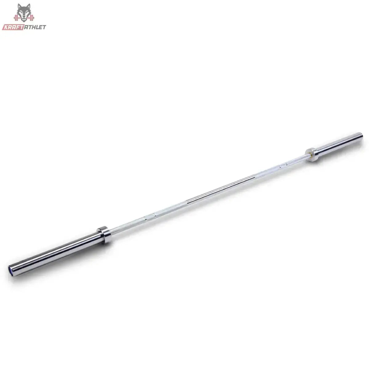 Titanium Strength Power Bar 220 cm Olympische Hantelstange Hard Chrome Gesamtansicht der Langhantelstange diagonal