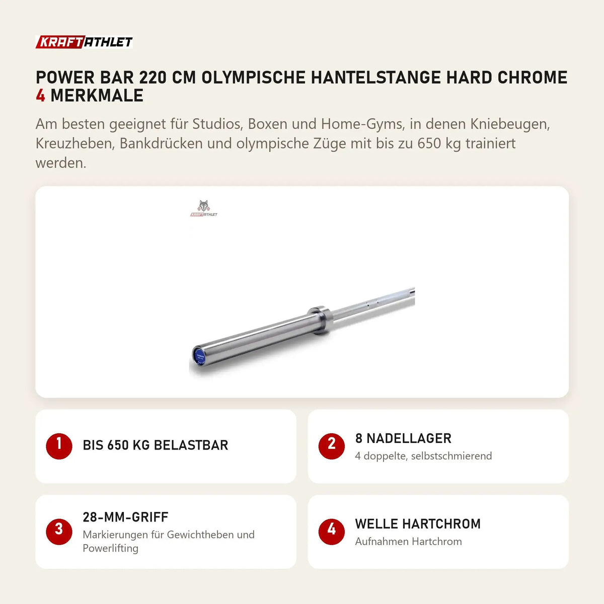 Titanium Strength Power Bar 220 cm Olympische Hantelstange Hard Chrome mit 4 Merkmalen: Bis 650 kg belastbar, 8 Nadellager, 28-mm-Griff, Welle Hartchrom