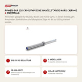 Titanium Strength Power Bar 220 cm Olympische Hantelstange Hard Chrome mit 4 Merkmalen: Bis 650 kg belastbar, 8 Nadellager, 28-mm-Griff, Welle Hartchrom