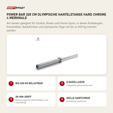 Titanium Strength Power Bar 220 cm Olympische Hantelstange Hard Chrome mit 4 Merkmalen: Bis 650 kg belastbar, 8 Nadellager, 28-mm-Griff, Welle Hartchrom