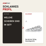 Frage und Antwort zu Titanium Strength Powerlifting-Hantelscheiben-Set 150 kg verchromt: Welche Scheiben sind im Set?