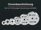 Titanium Strength Powerlifting-Hantelscheiben-Set 150 kg verchromt als Infografik zur Chrombeschichtung der Oberfläche