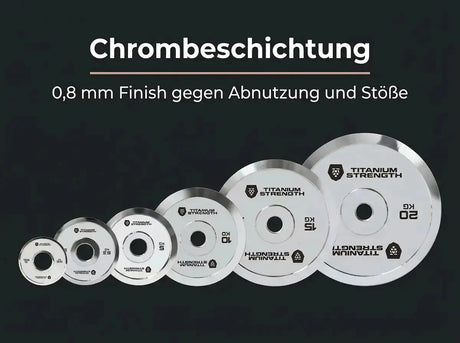 Titanium Strength Powerlifting-Hantelscheiben-Set 150 kg verchromt als Infografik zur Chrombeschichtung der Oberfläche