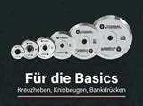 Titanium Strength Powerlifting-Hantelscheiben-Set 150 kg verchromt als Infografik zu Grundübungen wie Kreuzheben und Bankdrücken