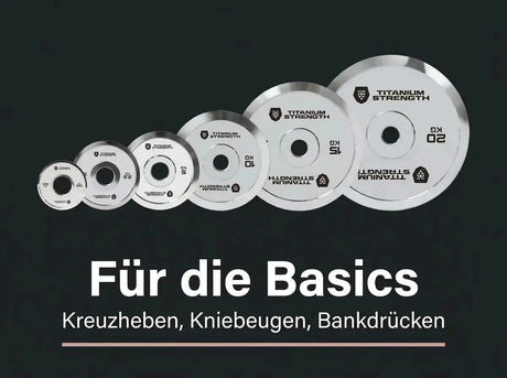 Titanium Strength Powerlifting-Hantelscheiben-Set 150 kg verchromt als Infografik zu Grundübungen wie Kreuzheben und Bankdrücken