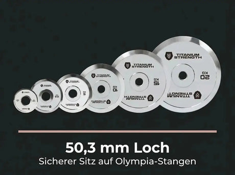 Titanium Strength Powerlifting-Hantelscheiben-Set 150 kg verchromt als Infografik zum 50,3 mm Loch für Olympia-Stangen