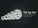 Titanium Strength Powerlifting-Hantelscheiben-Set 150 kg verchromt als Infografik mit Scheibenreihe auf dunklem Grund