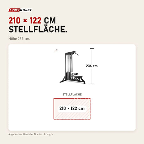 Maßbild Titanium Strength PR60 Dual Lat Pulldown & Low Row: Stellfläche 210 × 122 cm, Höhe 236 cm
