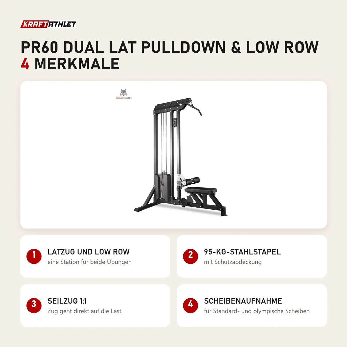 Titanium Strength PR60 Dual Lat Pulldown & Low Row mit 4 Merkmalen: Latzug und Low Row, 95-kg-Stahlstapel, Seilzug 1:1, Scheibenaufnahme