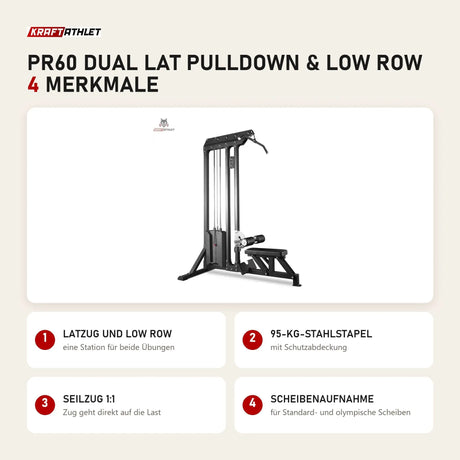 Titanium Strength PR60 Dual Lat Pulldown & Low Row mit 4 Merkmalen: Latzug und Low Row, 95-kg-Stahlstapel, Seilzug 1:1, Scheibenaufnahme