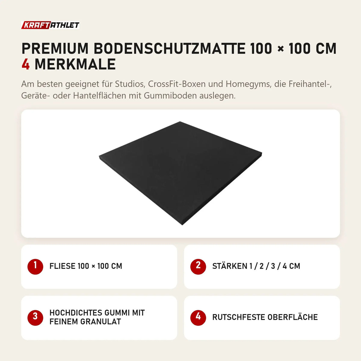 Titanium Strength Premium Bodenschutzmatte 100 × 100 cm mit 4 Merkmalen: Fliese 100 × 100 cm, Stärken 1 / 2 / 3 / 4 cm, Hochdichtes Gummi mit feinem Granulat, Rutschfeste Oberfläche