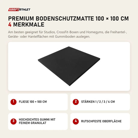 Titanium Strength Premium Bodenschutzmatte 100 × 100 cm mit 4 Merkmalen: Fliese 100 × 100 cm, Stärken 1 / 2 / 3 / 4 cm, Hochdichtes Gummi mit feinem Granulat, Rutschfeste Oberfläche
