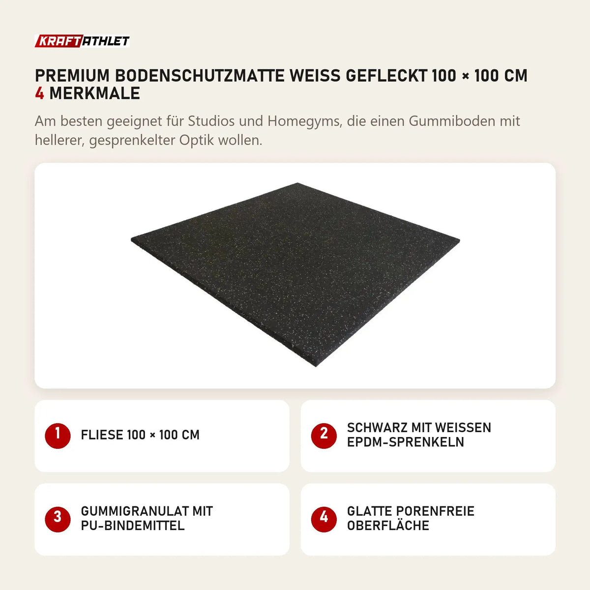 Titanium Strength Premium Bodenschutzmatte weiß gefleckt 100 × 100 cm mit 4 Merkmalen: Fliese 100 × 100 cm, Schwarz mit weißen EPDM-Sprenkeln, Gummigranulat mit PU-Bindemittel, Glatte porenfreie Oberfläche