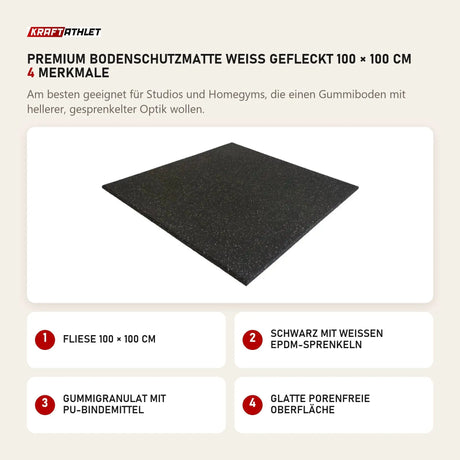 Titanium Strength Premium Bodenschutzmatte weiß gefleckt 100 × 100 cm mit 4 Merkmalen: Fliese 100 × 100 cm, Schwarz mit weißen EPDM-Sprenkeln, Gummigranulat mit PU-Bindemittel, Glatte porenfreie Oberfläche