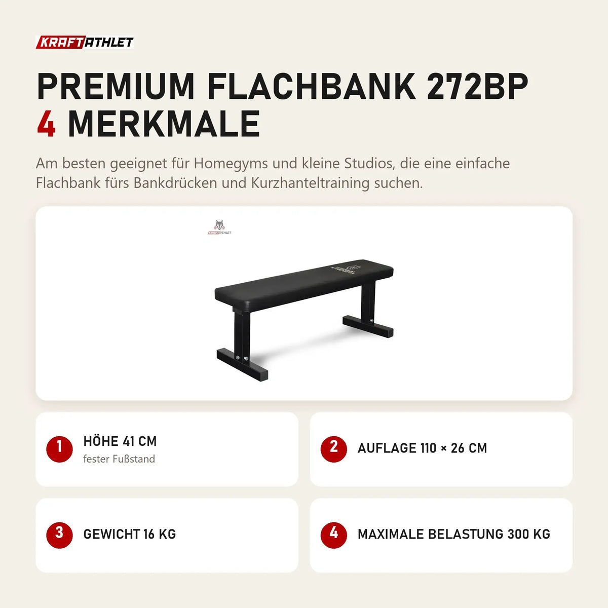Titanium Strength Premium Flachbank 272BP mit 4 Merkmalen: Höhe 41 cm, Auflage 110 × 26 cm, Gewicht 16 kg, Maximale Belastung 300 kg