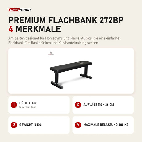 Titanium Strength Premium Flachbank 272BP mit 4 Merkmalen: Höhe 41 cm, Auflage 110 × 26 cm, Gewicht 16 kg, Maximale Belastung 300 kg