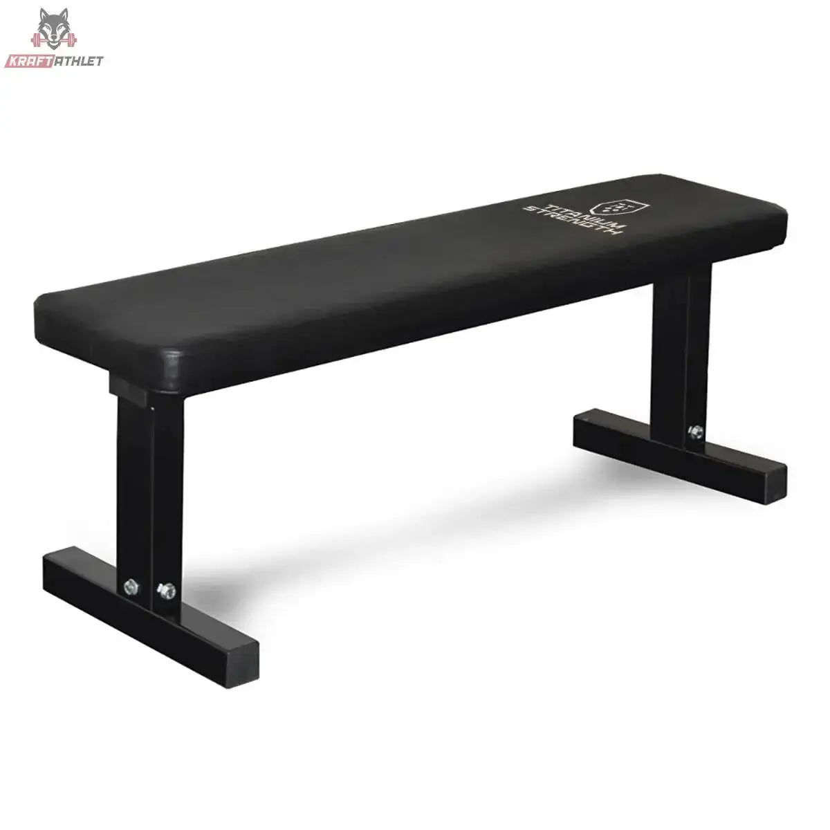 Titanium Strength Premium Flachbank 272BP, Schrägansicht mit schwarzem Polster und Standfüßen