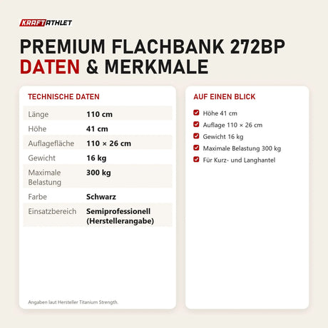 Technische Daten und Merkmale von Titanium Strength Premium Flachbank 272BP als Tabelle