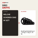 Frage und Antwort zu Titanium Strength Premium Tri-Grip Scheiben-Set 60 kg: Welche Scheiben sind im Set?
