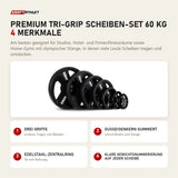 Titanium Strength Premium Tri-Grip Scheiben-Set 60 kg mit 4 Merkmalen: Drei Griffe, Gusseisenkern gummiert, Edelstahl-Zentralring, Klare Gewichtsnummerierung auf jeder Scheibe
