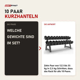 Frage und Antwort zu Titanium Strength Pro-PU-Kurzhantelset 12,5–35 kg mit Rack: Welche Gewichte sind im Set?