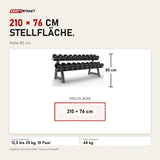 Maßbild Titanium Strength Pro-PU-Kurzhantelset 12,5–35 kg mit Rack: Stellfläche 210 × 76 cm, Höhe 80 cm