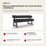 Titanium Strength Pro-PU-Kurzhantelset 12,5–35 kg mit Rack mit 4 Merkmalen: 10 Paar Kurzhanteln, Stahlkern mit PU-Beschichtung, Verchromter 28-mm-Griff, Gewicht und Logo geprägt