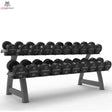Titanium Strength Pro-PU-Kurzhantelset 12,5–35 kg mit Rack, Schrägansicht des Racks mit allen Hanteln