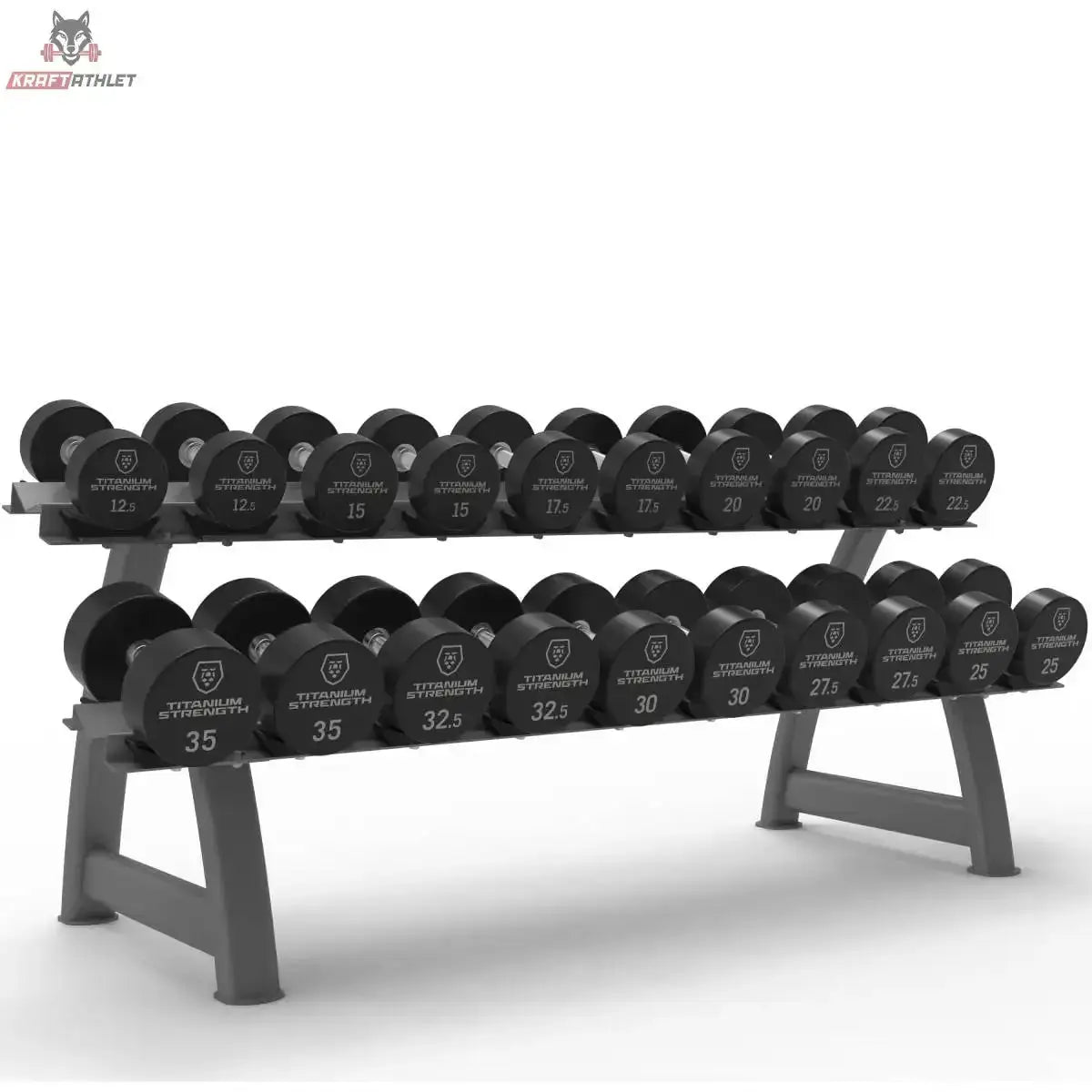 Titanium Strength Pro-PU-Kurzhantelset 12,5–35 kg mit Rack, Schrägansicht des Racks mit allen Hanteln