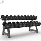 Titanium Strength Pro-PU-Kurzhantelset 12,5–35 kg mit Rack, Schrägansicht des Racks mit allen Hanteln