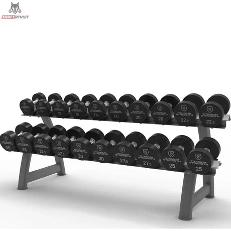 Titanium Strength Pro-PU-Kurzhantelset 12,5–35 kg mit Rack, Seitenansicht des zweistufigen Racks