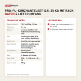 Technische Daten und Lieferumfang von Titanium Strength Pro-PU-Kurzhantelset 12,5–35 kg mit Rack als Tabelle