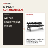 Frage und Antwort zu Titanium Strength Pro-PU-Kurzhantelset 2,5–25 kg mit Rack: Welche Gewichte sind im Set?