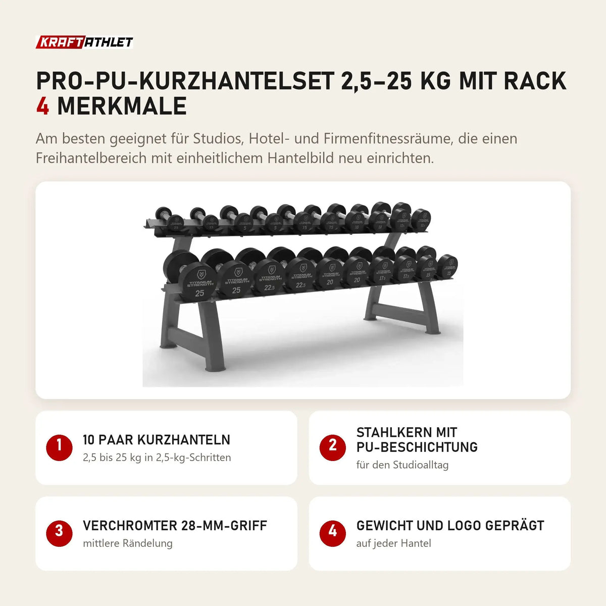 Titanium Strength Pro-PU-Kurzhantelset 2,5–25 kg mit Rack mit 4 Merkmalen: 10 Paar Kurzhanteln, Stahlkern mit PU-Beschichtung, Verchromter 28-mm-Griff, Gewicht und Logo geprägt