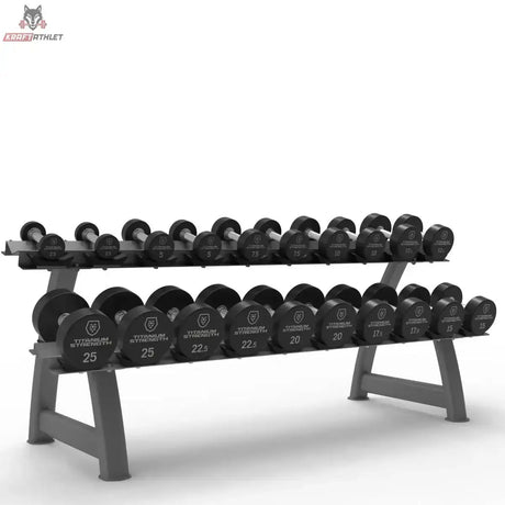 Titanium Strength Pro-PU-Kurzhantelset 2,5–25 kg mit Rack – Zweistöckiges Rack mit kompletter Hantelreihe