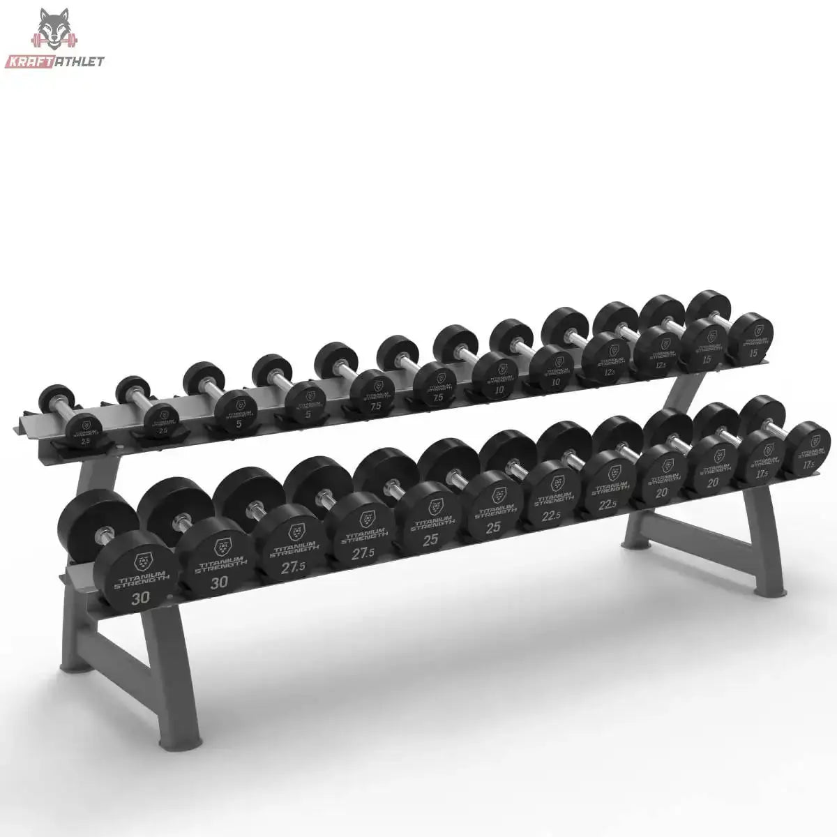 Titanium Strength Pro-PU-Kurzhantelset 2,5–30 kg mit Rack, Schrägansicht mit zwei Ablagen voller schwarzer Kurzhanteln