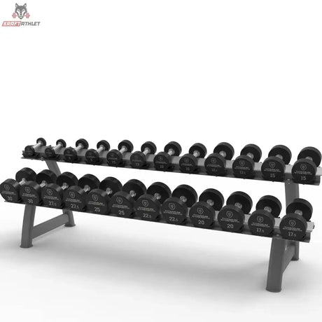 Titanium Strength Pro-PU-Kurzhantelset 2,5–30 kg mit Rack, Seitenansicht des zweistufigen Hantelständers mit allen Kurzhanteln