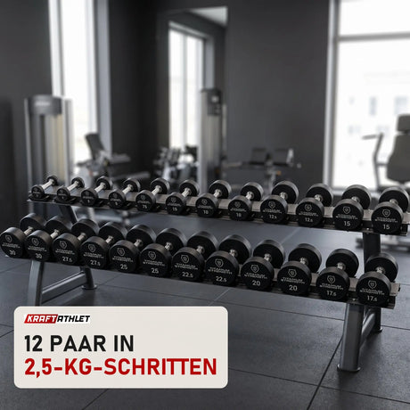 Titanium Strength Pro-PU-Kurzhantelset 2,5–30 kg mit Rack in einem fertig eingerichteten Studio mit dunklen Wänden und Gummiboden